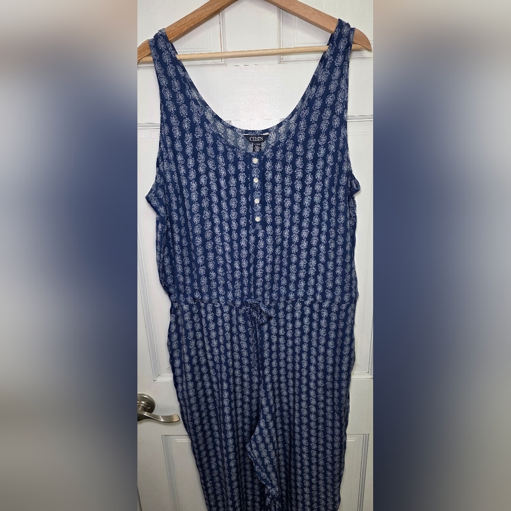 Chaps Blue & White Patterned Sleeveless Drawstring Waist Jumpsuit W/pockets- XL
